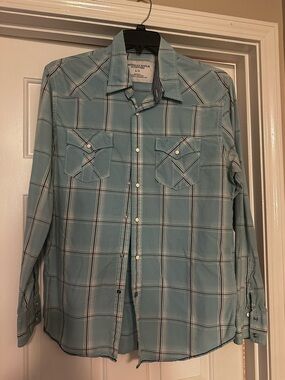 American Eagle Outfitters Light Teal Plaid Long-Sleeve Button-Down Shirt